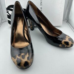 NINE WEST Black Patent Leopard Cap-Toe Pumps Size 6.5 M